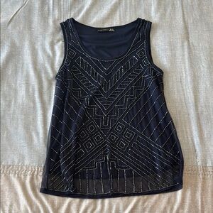 NWOT Elegant navy and Silver Geometric beaded Top